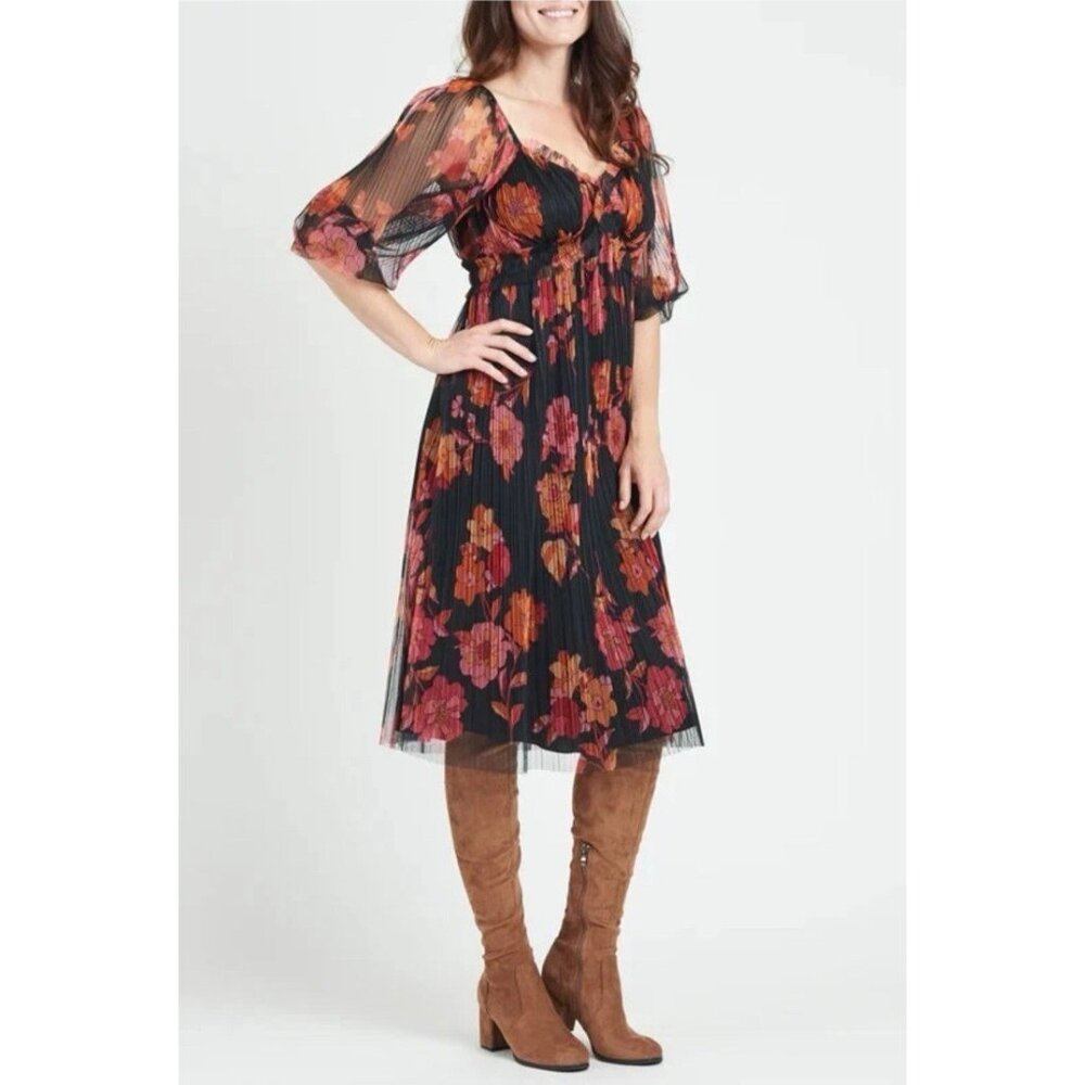 DR2 Midi Dress XS A Line Black Plum Orange Floral Stretch Micro Pleat 3/4 Sleeve